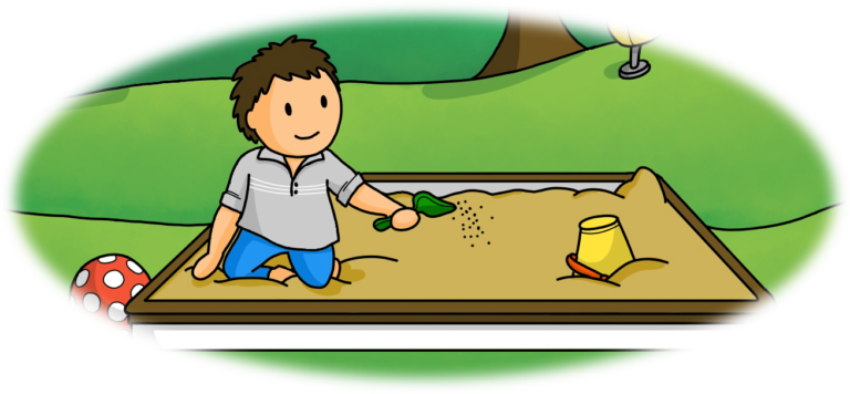 Egy kisfiú egy homokozóban játszik. Kezében lapát, mellette vödör.
